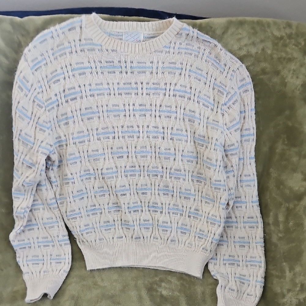 Cream and Blue Crewneck Sweater with Geometric Pattern